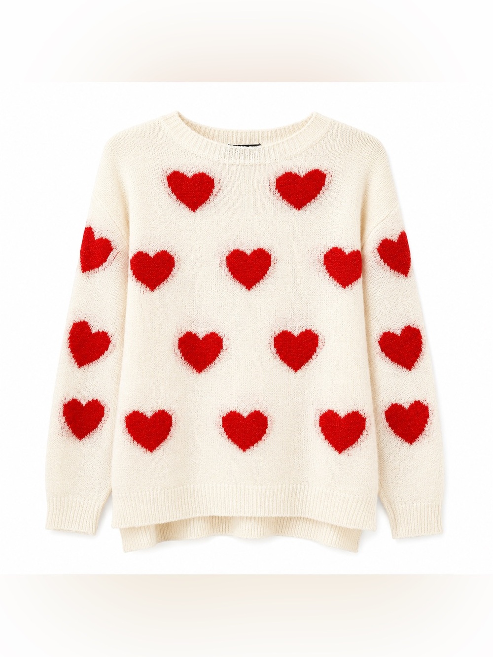 Cream Sweater with Red Heart Pattern - Women's Cozy Knit Pullover akaiv S/M